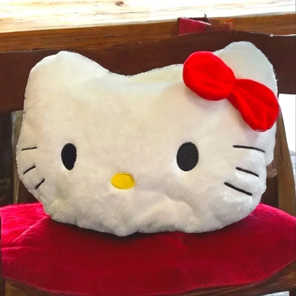 Hello Kitty Plush Faux Fur Throw Pillow White Cat Face Red Bow 13